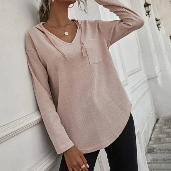 Comfy Curved Hem  Drop Shoulder Drawstring Hoodie Top light apricot blush - Picture 6 of 8